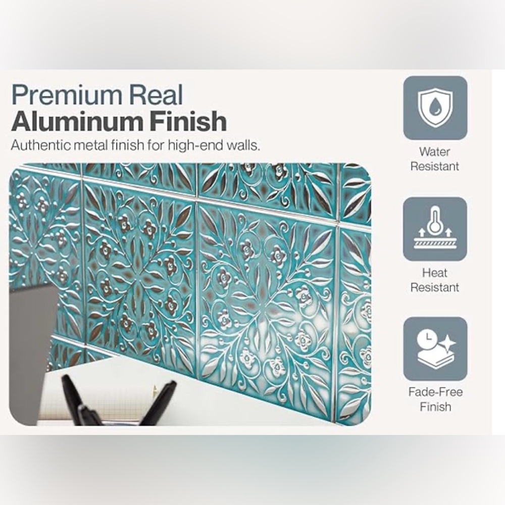 NIB 10-Pack Peel & Stick Tiles 8×8 Turquoise/Silver Backsplash Furniture Art - Picture 13 of 14